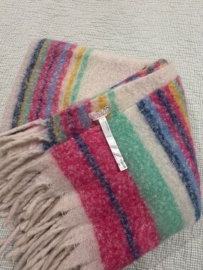 Free People Cream Multicolor Striped Fringe Throw Blanket